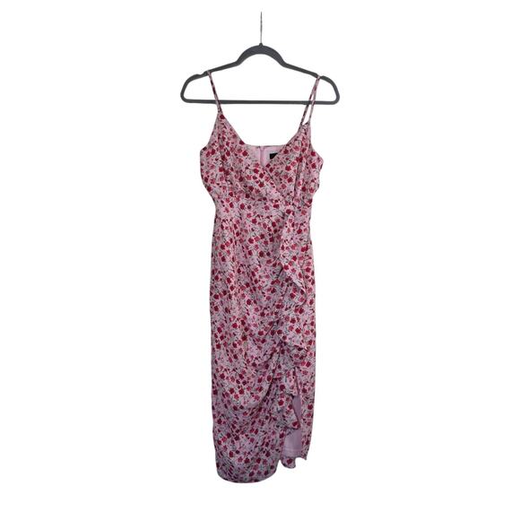 Lulus Reason For Romance Pink Floral Surplice Ruffled Midi Dress, Size Small - Picture 3 of 14